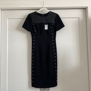 DKNY Black Mixed Media Fitted Midi Dress